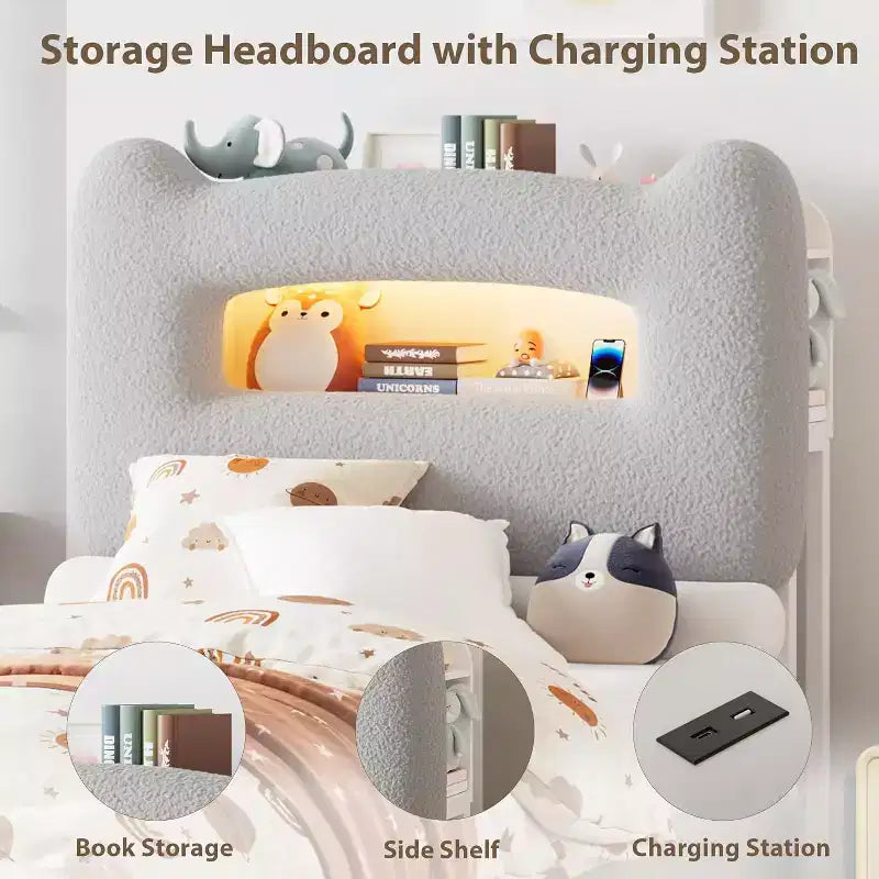 Cadre de lit simple - Tête de lit de rangement à 2 niveaux, lit plateforme rembourré avec station de charge et tiroir, beige (pour enfants/garçons/filles)