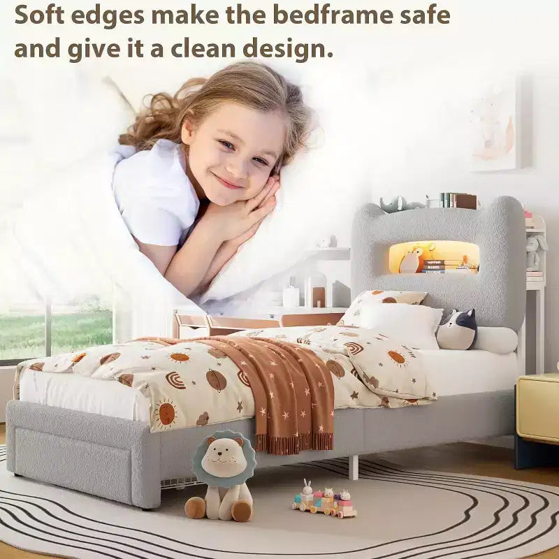 Cadre de lit simple - Tête de lit de rangement à 2 niveaux, lit plateforme rembourré avec station de charge et tiroir, beige (pour enfants/garçons/filles)