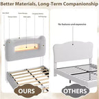 Cadre de lit simple - Tête de lit de rangement à 2 niveaux, lit plateforme rembourré avec station de charge et tiroir, beige (pour enfants/garçons/filles)