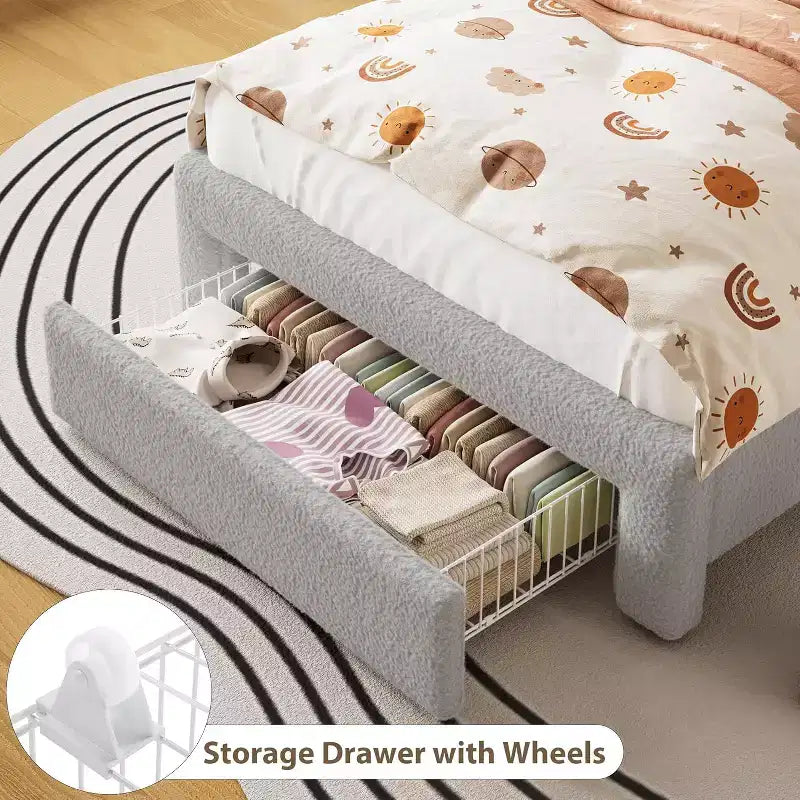 Cadre de lit simple - Tête de lit de rangement à 2 niveaux, lit plateforme rembourré avec station de charge et tiroir, beige (pour enfants/garçons/filles)