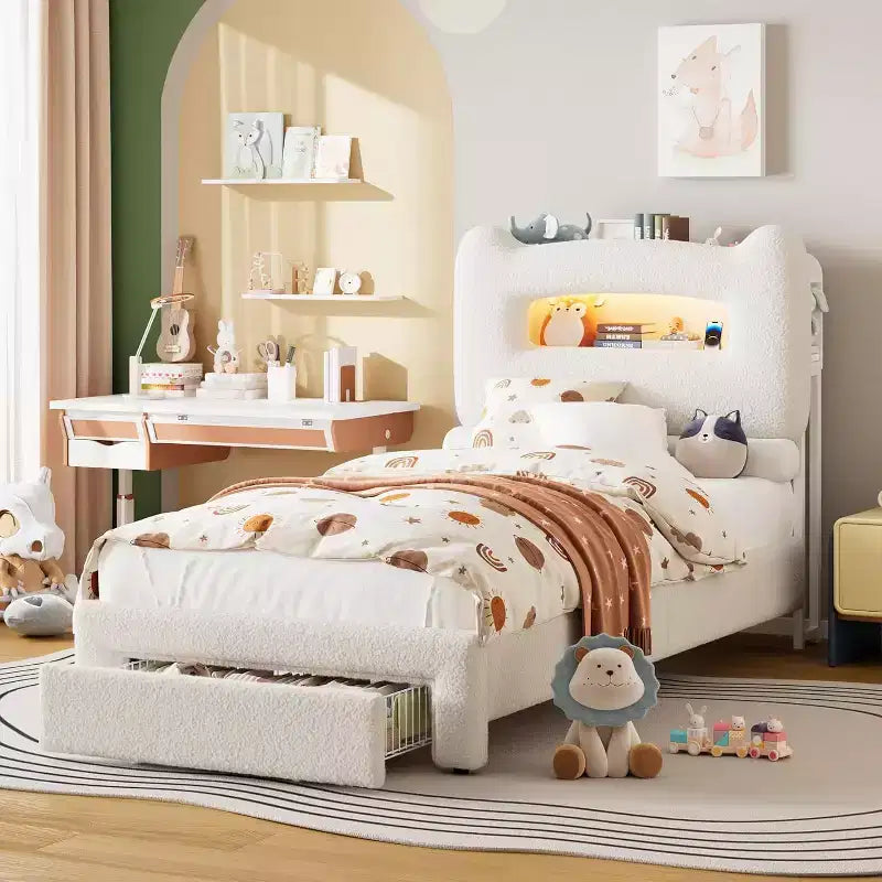 Cadre de lit simple - Tête de lit de rangement à 2 niveaux, lit plateforme rembourré avec station de charge et tiroir, beige (pour enfants/garçons/filles)
