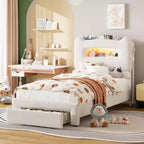 Cadre de lit simple - Tête de lit de rangement à 2 niveaux, lit plateforme rembourré avec station de charge et tiroir, beige (pour enfants/garçons/filles)