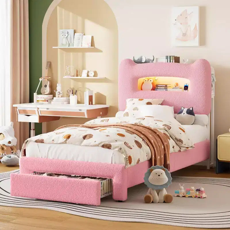 Cadre de lit simple - Tête de lit de rangement à 2 niveaux, lit plateforme rembourré avec station de charge et tiroir, beige (pour enfants/garçons/filles)