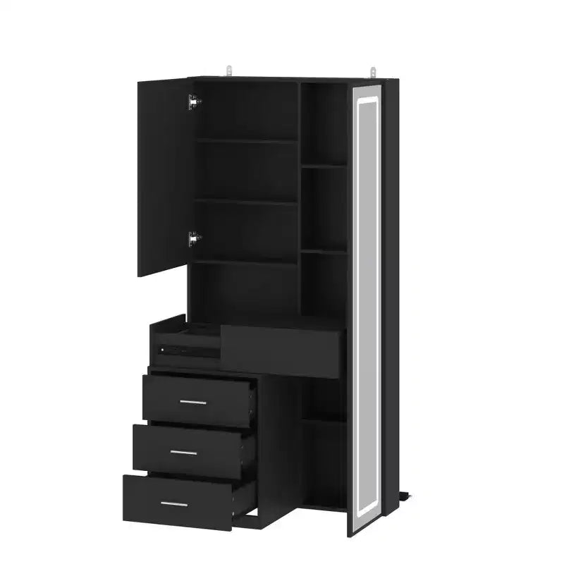 Coiffeuse élégante Famapy avec miroir LED pleine grandeur et tiroirs divisés, meuble de rangement blanc/noir/rose, organisateur spacieux pour le maquillage dans la chambre