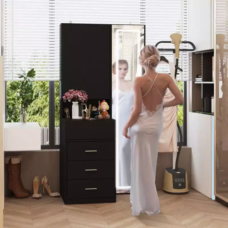 Coiffeuse élégante Famapy avec miroir LED pleine grandeur et tiroirs divisés, meuble de rangement blanc/noir/rose, organisateur spacieux pour le maquillage dans la chambre