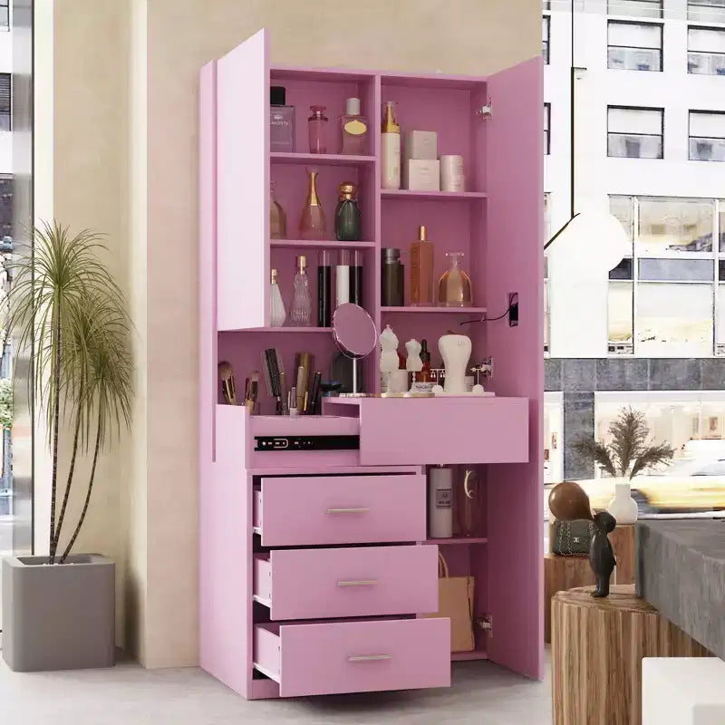 Coiffeuse élégante Famapy avec miroir LED pleine grandeur et tiroirs divisés, meuble de rangement blanc/noir/rose, organisateur spacieux pour le maquillage dans la chambre