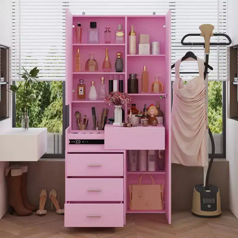 Coiffeuse élégante Famapy avec miroir LED pleine grandeur et tiroirs divisés, meuble de rangement blanc/noir/rose, organisateur spacieux pour le maquillage dans la chambre