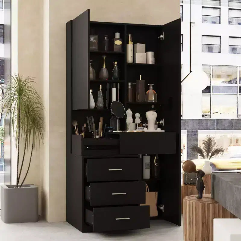 Coiffeuse élégante Famapy avec miroir LED pleine grandeur et tiroirs divisés, meuble de rangement blanc/noir/rose, organisateur spacieux pour le maquillage dans la chambre