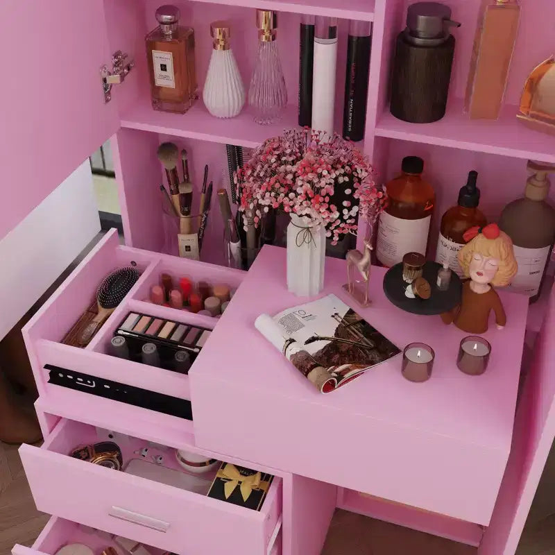 Coiffeuse élégante Famapy avec miroir LED pleine grandeur et tiroirs divisés, meuble de rangement blanc/noir/rose, organisateur spacieux pour le maquillage dans la chambre