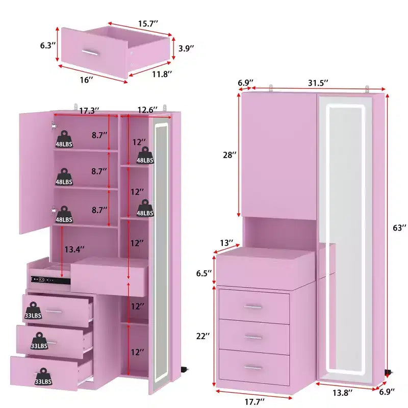 Coiffeuse élégante Famapy avec miroir LED pleine grandeur et tiroirs divisés, meuble de rangement blanc/noir/rose, organisateur spacieux pour le maquillage dans la chambre