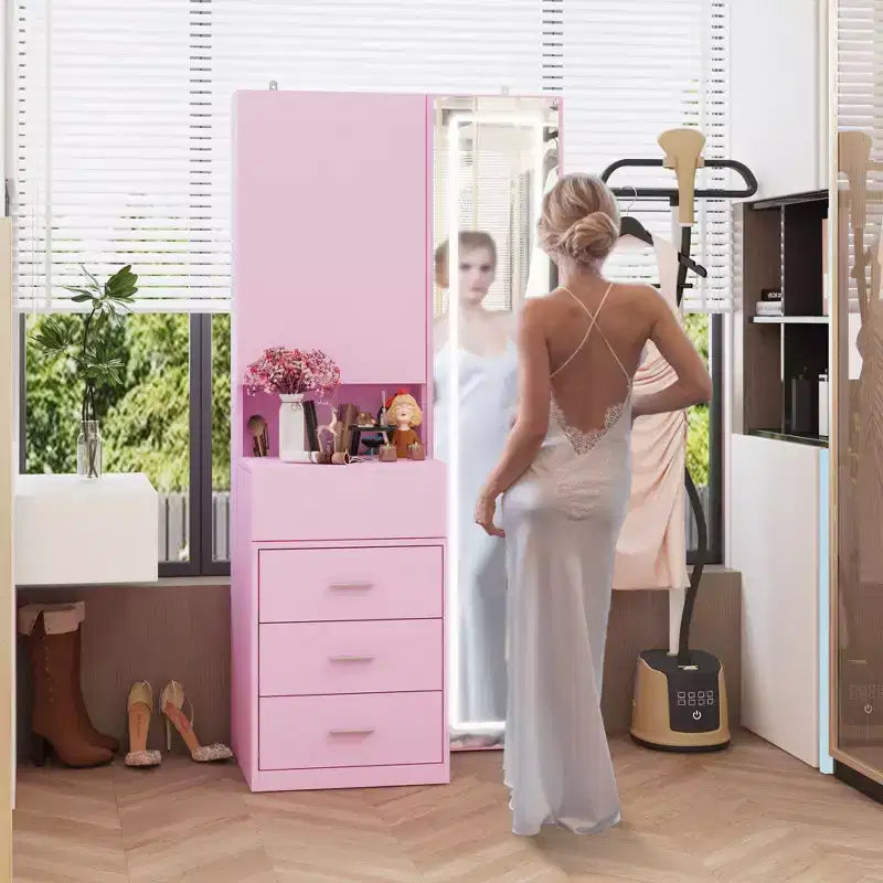 Coiffeuse élégante Famapy avec miroir LED pleine grandeur et tiroirs divisés, meuble de rangement blanc/noir/rose, organisateur spacieux pour le maquillage dans la chambre