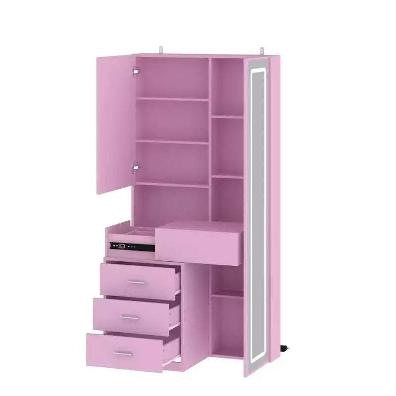 Coiffeuse élégante Famapy avec miroir LED pleine grandeur et tiroirs divisés, meuble de rangement blanc/noir/rose, organisateur spacieux pour le maquillage dans la chambre
