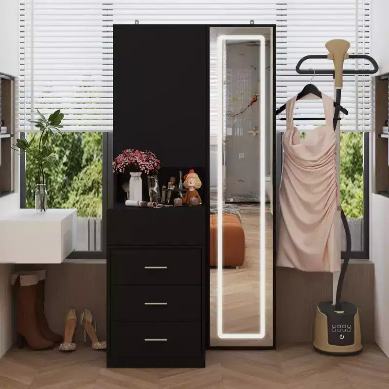 Coiffeuse élégante Famapy avec miroir LED pleine grandeur et tiroirs divisés, meuble de rangement blanc/noir/rose, organisateur spacieux pour le maquillage dans la chambre