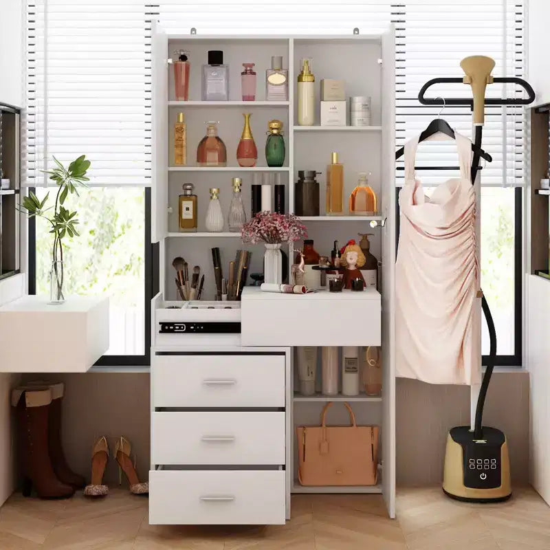 Coiffeuse élégante Famapy avec miroir LED pleine grandeur et tiroirs divisés, meuble de rangement blanc/noir/rose, organisateur spacieux pour le maquillage dans la chambre