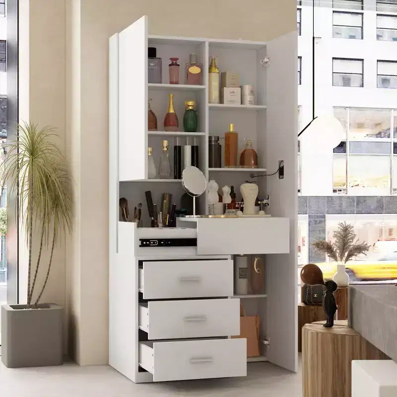 Coiffeuse élégante Famapy avec miroir LED pleine grandeur et tiroirs divisés, meuble de rangement blanc/noir/rose, organisateur spacieux pour le maquillage dans la chambre
