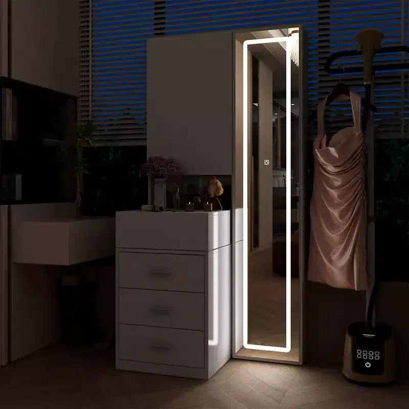 Coiffeuse élégante Famapy avec miroir LED pleine grandeur et tiroirs divisés, meuble de rangement blanc/noir/rose, organisateur spacieux pour le maquillage dans la chambre