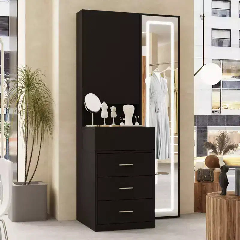 Coiffeuse élégante Famapy avec miroir LED pleine grandeur et tiroirs divisés, meuble de rangement blanc/noir/rose, organisateur spacieux pour le maquillage dans la chambre