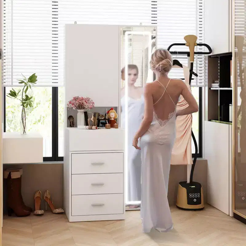 Coiffeuse élégante Famapy avec miroir LED pleine grandeur et tiroirs divisés, meuble de rangement blanc/noir/rose, organisateur spacieux pour le maquillage dans la chambre