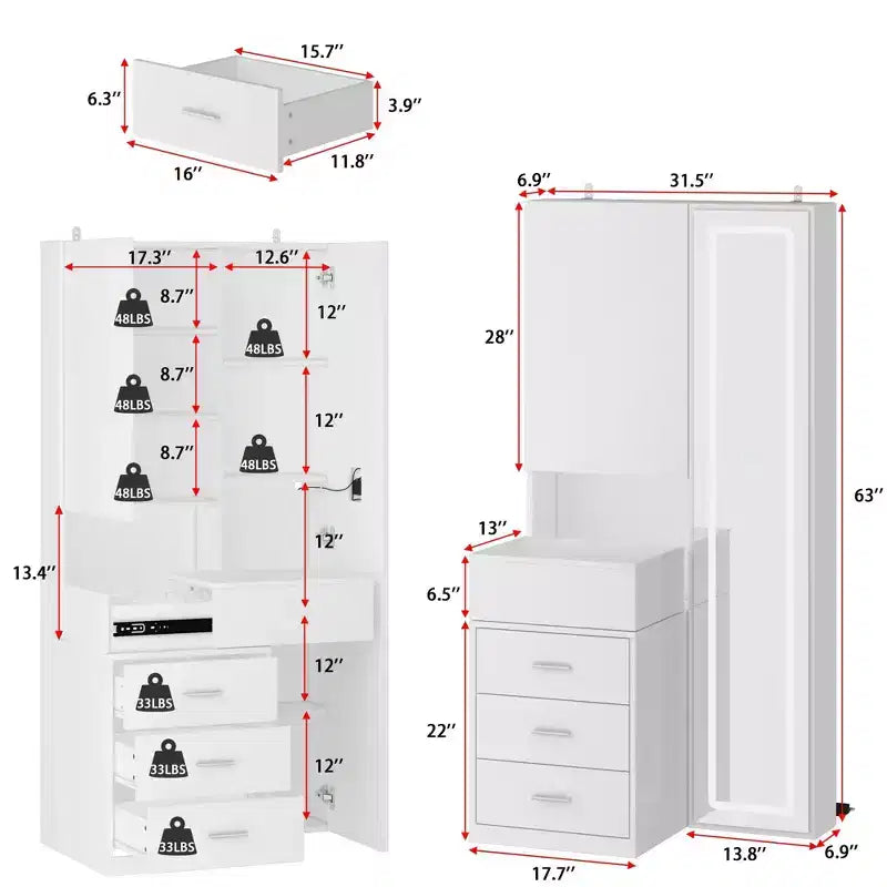 Coiffeuse élégante Famapy avec miroir LED pleine grandeur et tiroirs divisés, meuble de rangement blanc/noir/rose, organisateur spacieux pour le maquillage dans la chambre