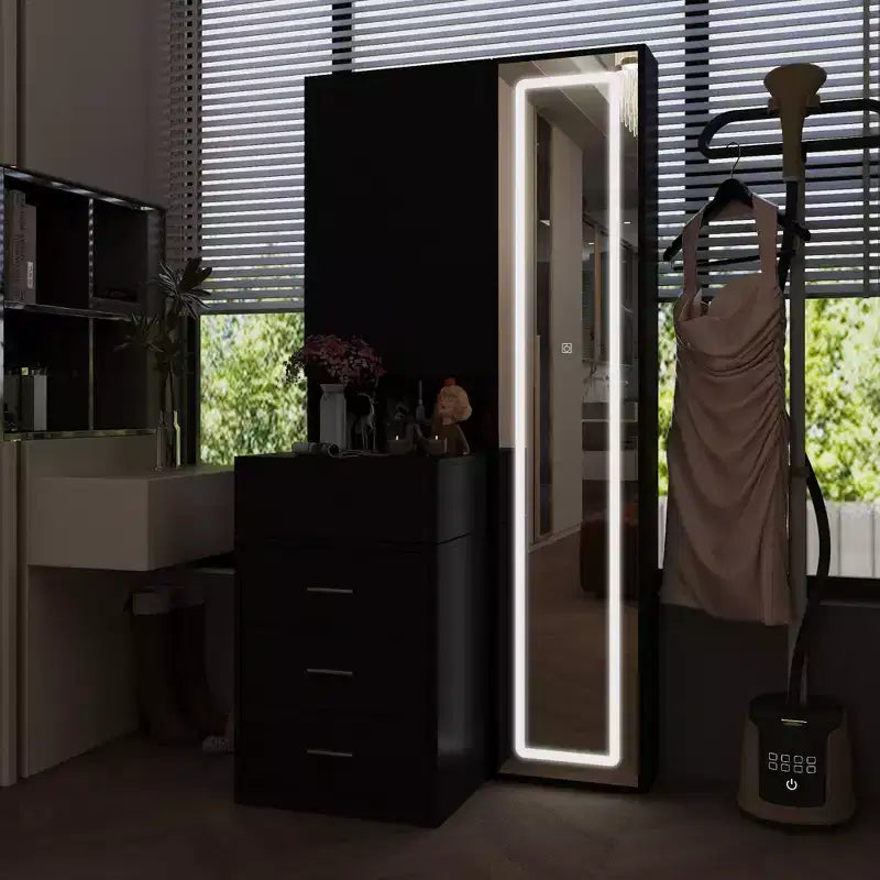 Coiffeuse élégante Famapy avec miroir LED pleine grandeur et tiroirs divisés, meuble de rangement blanc/noir/rose, organisateur spacieux pour le maquillage dans la chambre