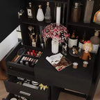 Coiffeuse élégante Famapy avec miroir LED pleine grandeur et tiroirs divisés, meuble de rangement blanc/noir/rose, organisateur spacieux pour le maquillage dans la chambre
