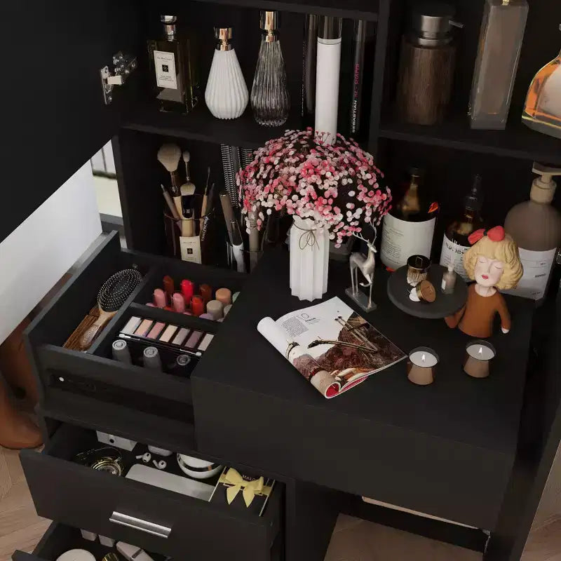 Coiffeuse élégante Famapy avec miroir LED pleine grandeur et tiroirs divisés, meuble de rangement blanc/noir/rose, organisateur spacieux pour le maquillage dans la chambre