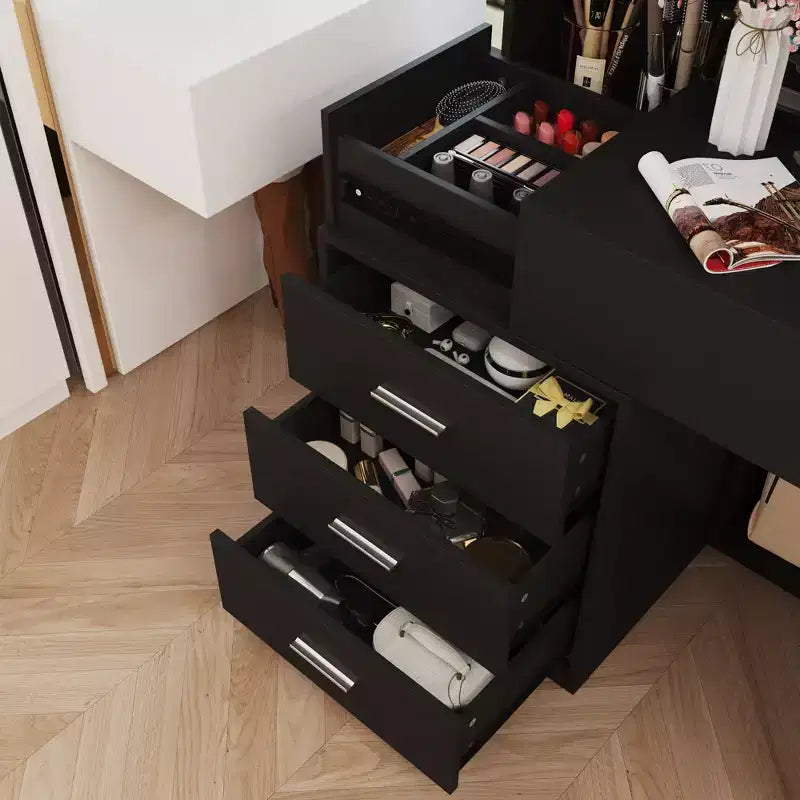 Coiffeuse élégante Famapy avec miroir LED pleine grandeur et tiroirs divisés, meuble de rangement blanc/noir/rose, organisateur spacieux pour le maquillage dans la chambre