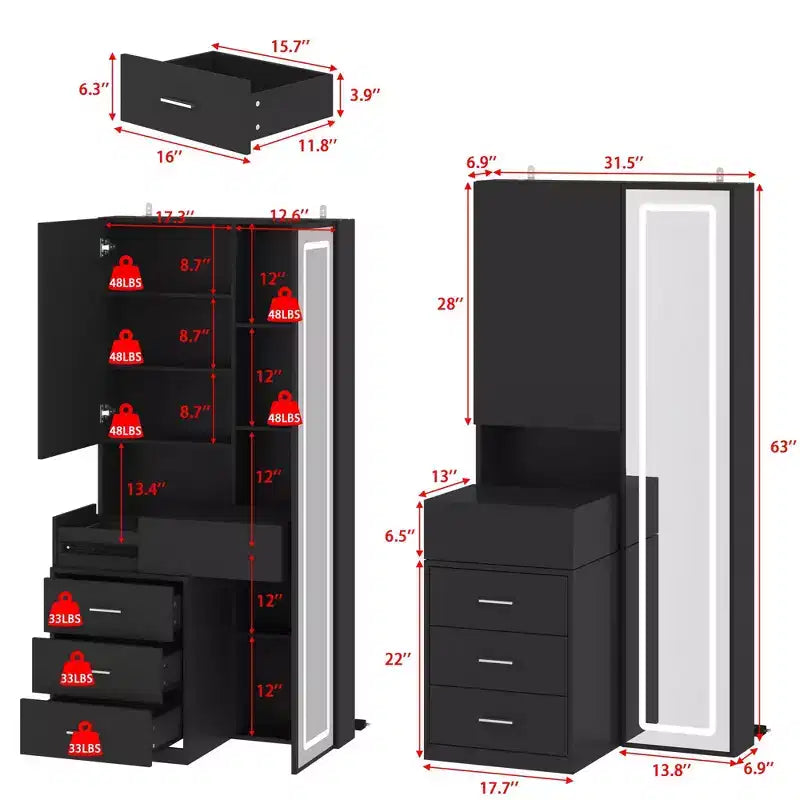 Coiffeuse élégante Famapy avec miroir LED pleine grandeur et tiroirs divisés, meuble de rangement blanc/noir/rose, organisateur spacieux pour le maquillage dans la chambre