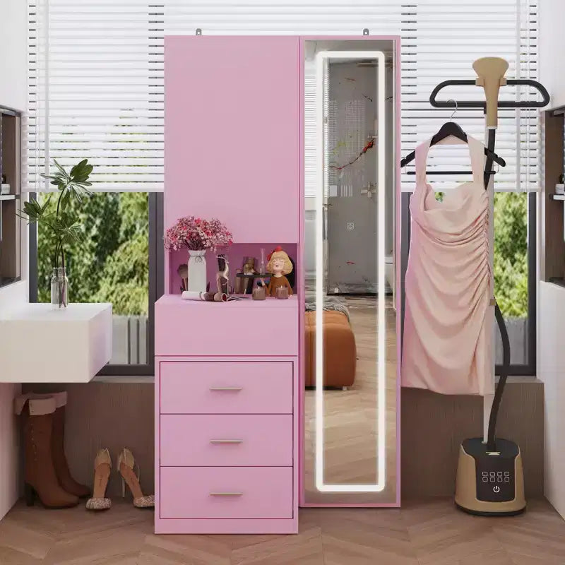 Coiffeuse élégante Famapy avec miroir LED pleine grandeur et tiroirs divisés, meuble de rangement blanc/noir/rose, organisateur spacieux pour le maquillage dans la chambre