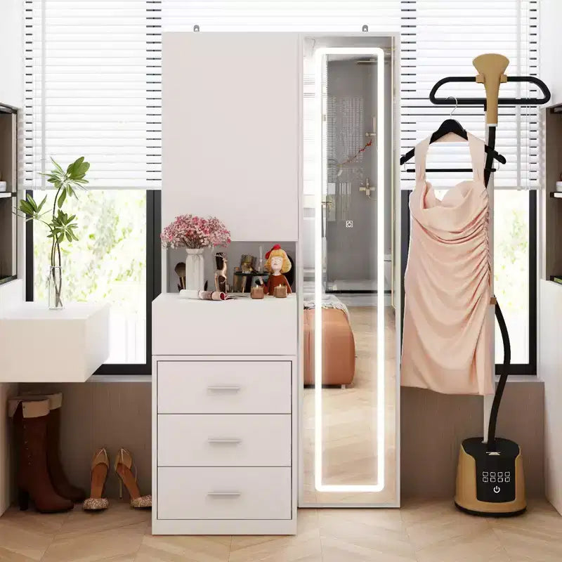 Coiffeuse élégante Famapy avec miroir LED pleine grandeur et tiroirs divisés, meuble de rangement blanc/noir/rose, organisateur spacieux pour le maquillage dans la chambre