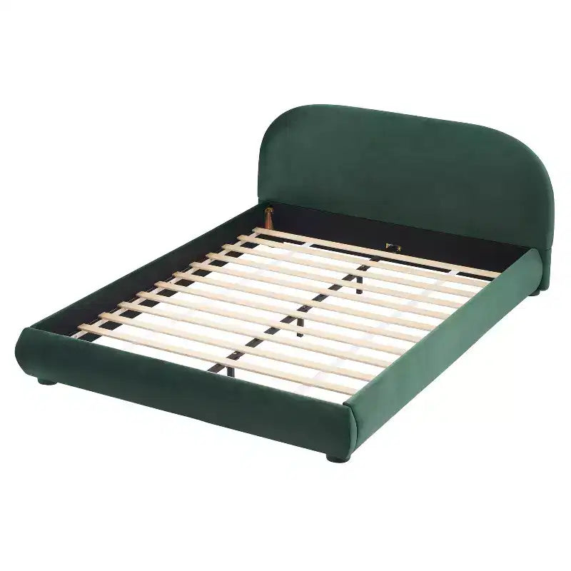 Lit plateforme Queen/King size, cadre de lit rembourré en tissu bouclé avec tête de lit incurvée - ModernLuxe