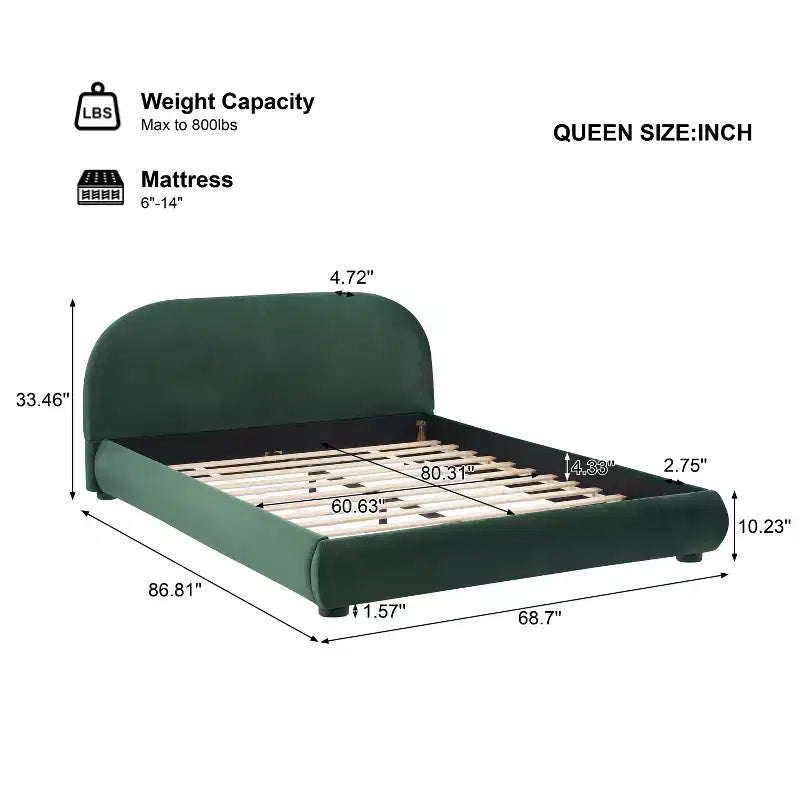 Lit plateforme Queen/King size, cadre de lit rembourré en tissu bouclé avec tête de lit incurvée - ModernLuxe
