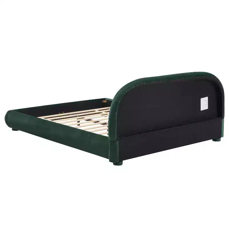 Lit plateforme Queen/King size, cadre de lit rembourré en tissu bouclé avec tête de lit incurvée - ModernLuxe