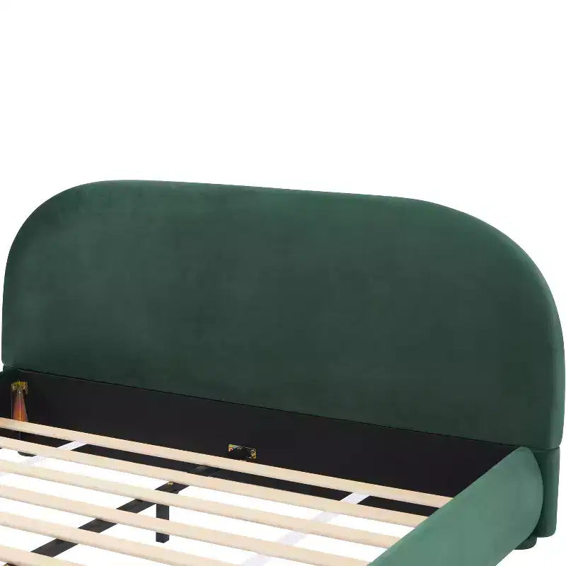 Lit plateforme Queen/King size, cadre de lit rembourré en tissu bouclé avec tête de lit incurvée - ModernLuxe