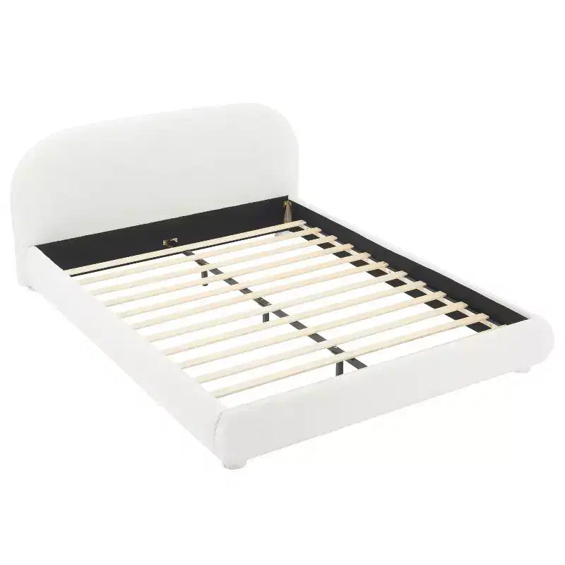 Lit plateforme Queen/King size, cadre de lit rembourré en tissu bouclé avec tête de lit incurvée - ModernLuxe