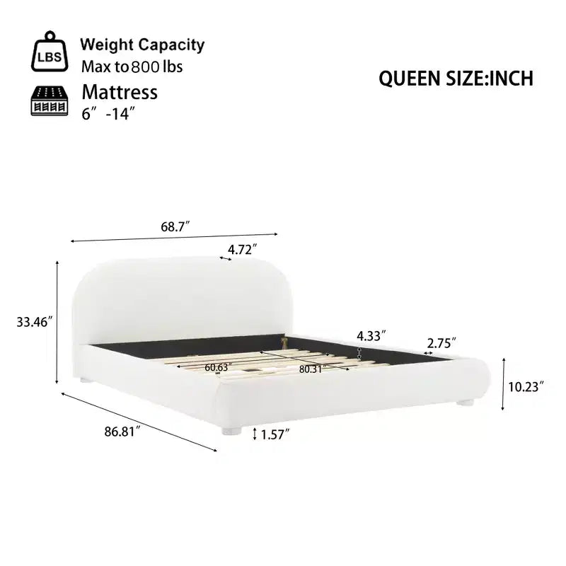 Lit plateforme Queen/King size, cadre de lit rembourré en tissu bouclé avec tête de lit incurvée - ModernLuxe