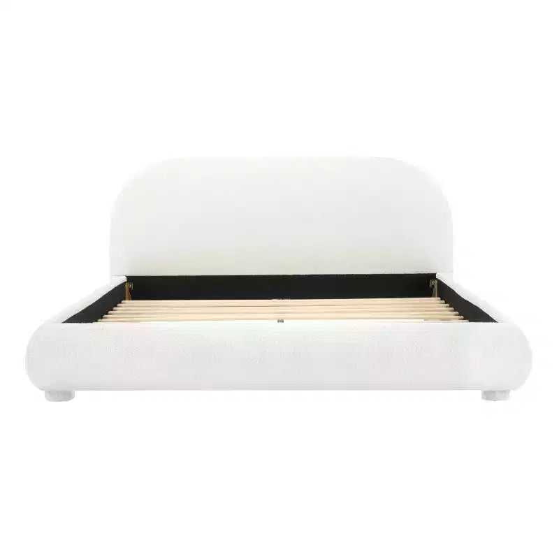 Lit plateforme Queen/King size, cadre de lit rembourré en tissu bouclé avec tête de lit incurvée - ModernLuxe