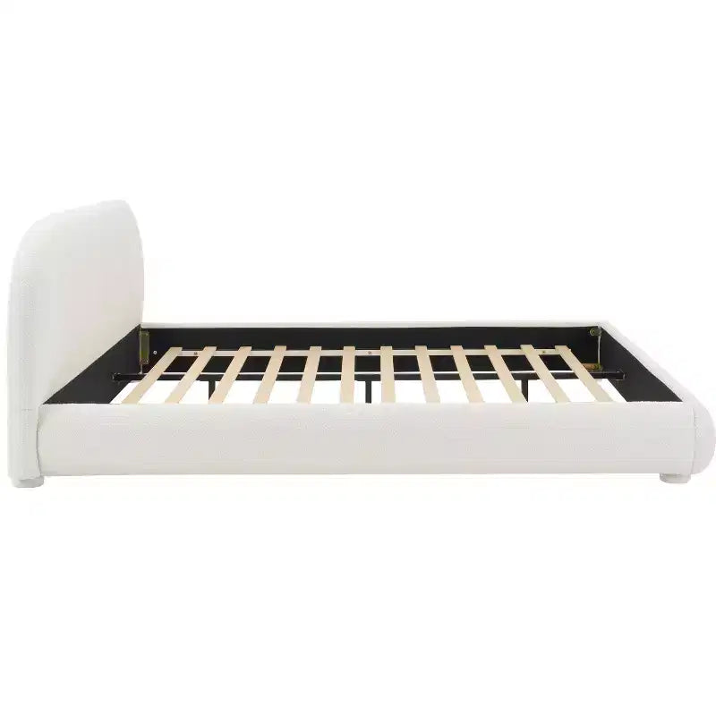Lit plateforme Queen/King size, cadre de lit rembourré en tissu bouclé avec tête de lit incurvée - ModernLuxe