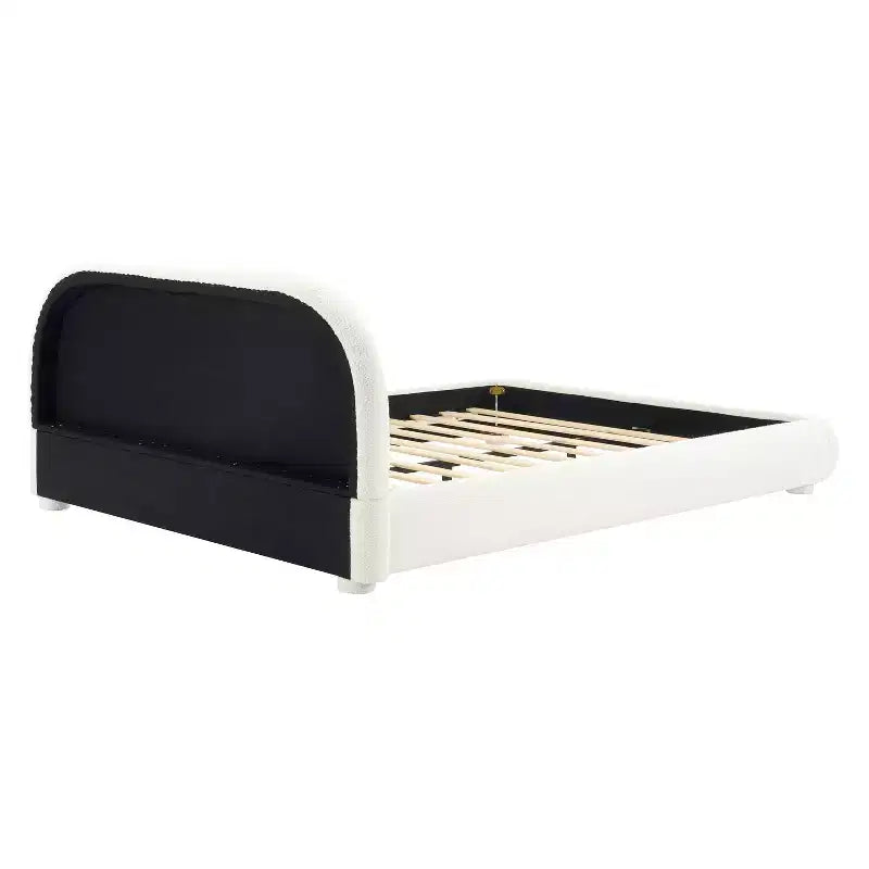 Lit plateforme Queen/King size, cadre de lit rembourré en tissu bouclé avec tête de lit incurvée - ModernLuxe