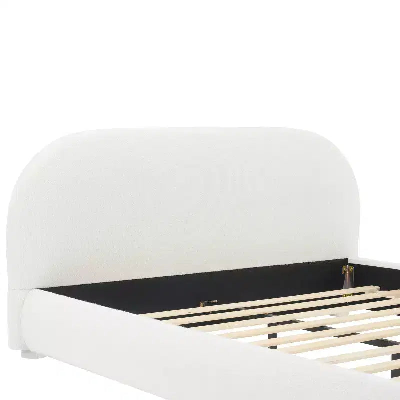 Lit plateforme Queen/King size, cadre de lit rembourré en tissu bouclé avec tête de lit incurvée - ModernLuxe
