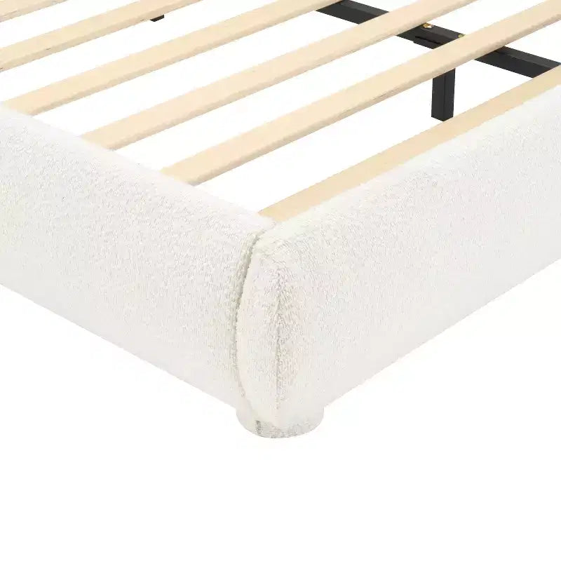Lit plateforme Queen/King size, cadre de lit rembourré en tissu bouclé avec tête de lit incurvée - ModernLuxe