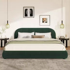 Lit plateforme Queen/King size, cadre de lit rembourré en tissu bouclé avec tête de lit incurvée - ModernLuxe
