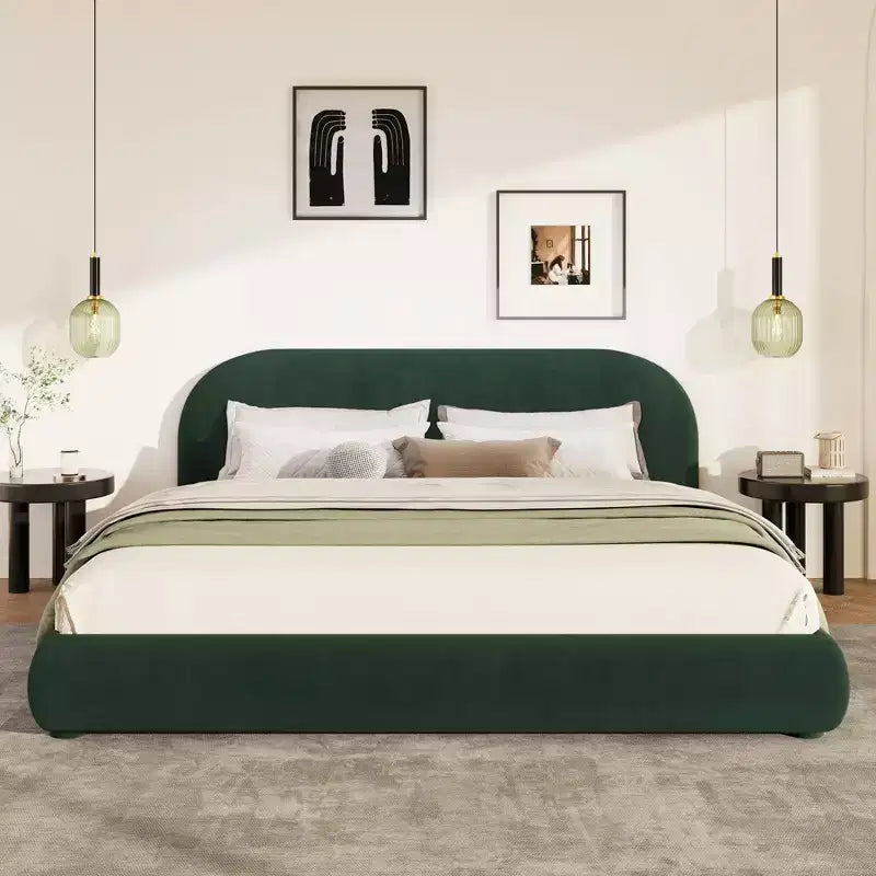 Lit plateforme Queen/King size, cadre de lit rembourré en tissu bouclé avec tête de lit incurvée - ModernLuxe