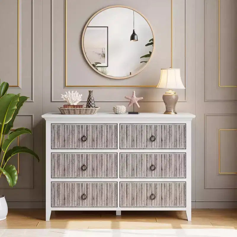 Commode cannelée, commode 6 tiroirs pour chambre à coucher, commodes de placard modernes à panneau ondulé avec poignée noire ronde, organiseur de rangement en bois de 120 cm de large