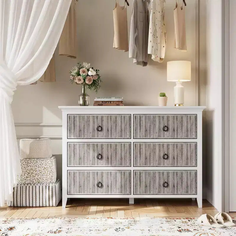 Commode cannelée, commode 6 tiroirs pour chambre à coucher, commodes de placard modernes à panneau ondulé avec poignée noire ronde, organiseur de rangement en bois de 120 cm de large