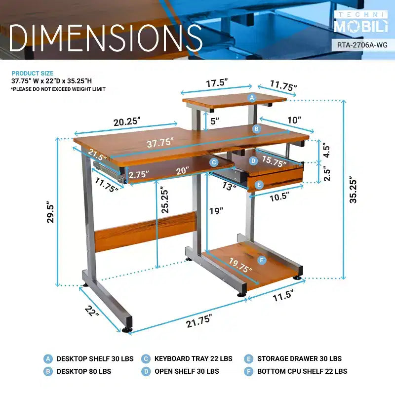Bureau informatique Okak 37,75" avec tiroir clavier, bureau debout avec étagères de rangement, bureau pour salon, salle de lecture, bureau