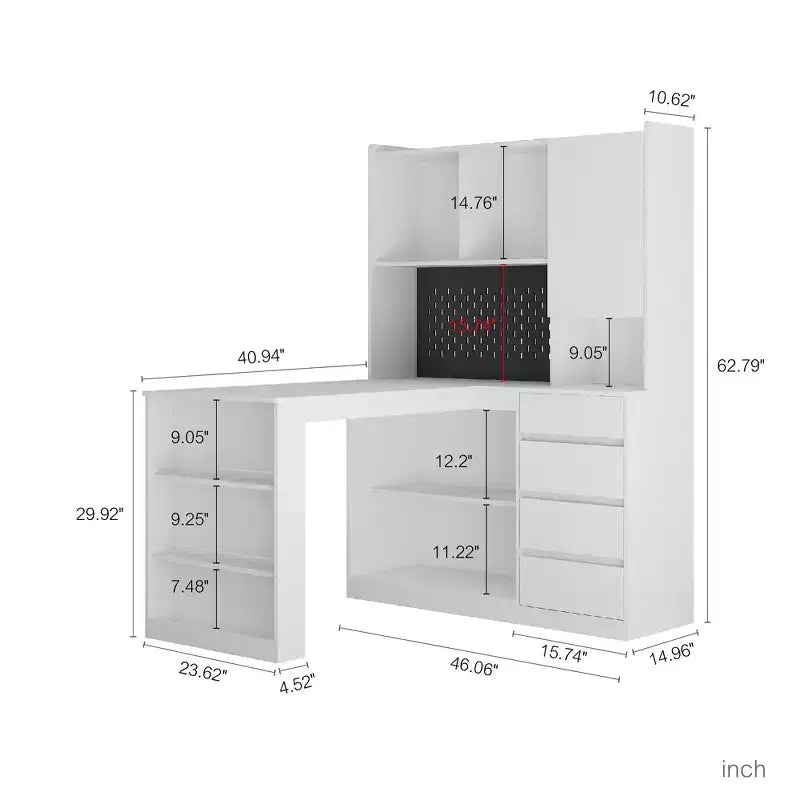 Okak Bureau en L de 46 pouces peu encombrant avec étagère, bureau d'ordinateur avec tiroirs, bureau d'angle pour salle de lecture, chambre, bureau