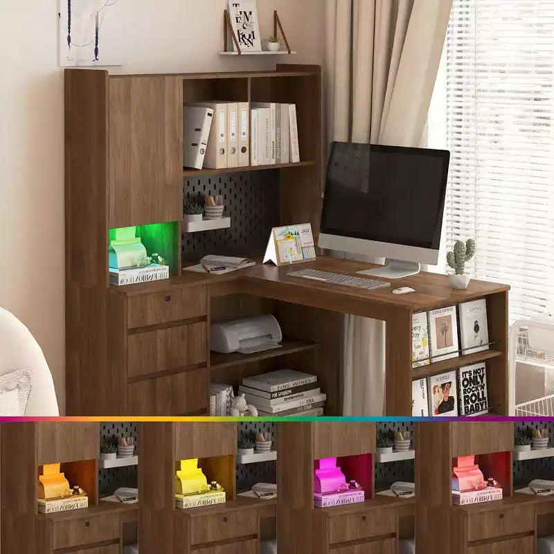 Okak Bureau en L de 46 pouces peu encombrant avec étagère, bureau d'ordinateur avec tiroirs, bureau d'angle pour salle de lecture, chambre, bureau