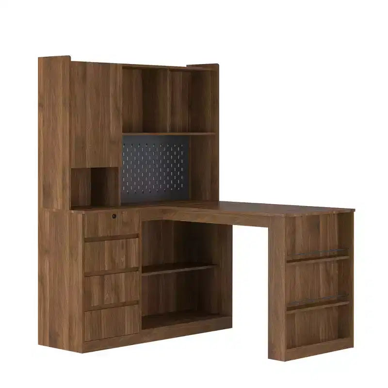 Okak Bureau en L de 46 pouces peu encombrant avec étagère, bureau d'ordinateur avec tiroirs, bureau d'angle pour salle de lecture, chambre, bureau