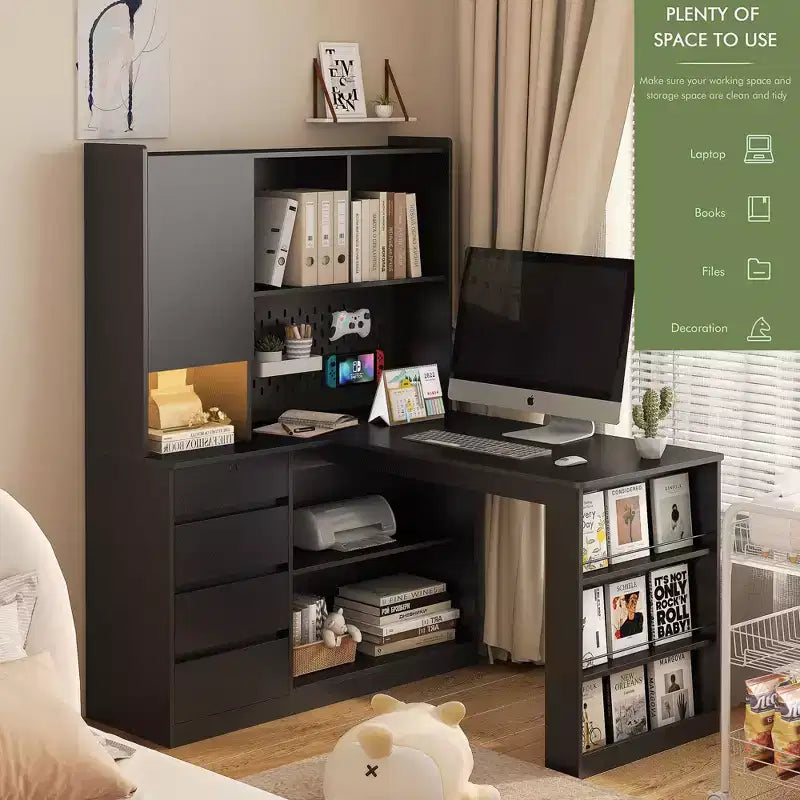 Okak Bureau en L de 46 pouces peu encombrant avec étagère, bureau d'ordinateur avec tiroirs, bureau d'angle pour salle de lecture, chambre, bureau